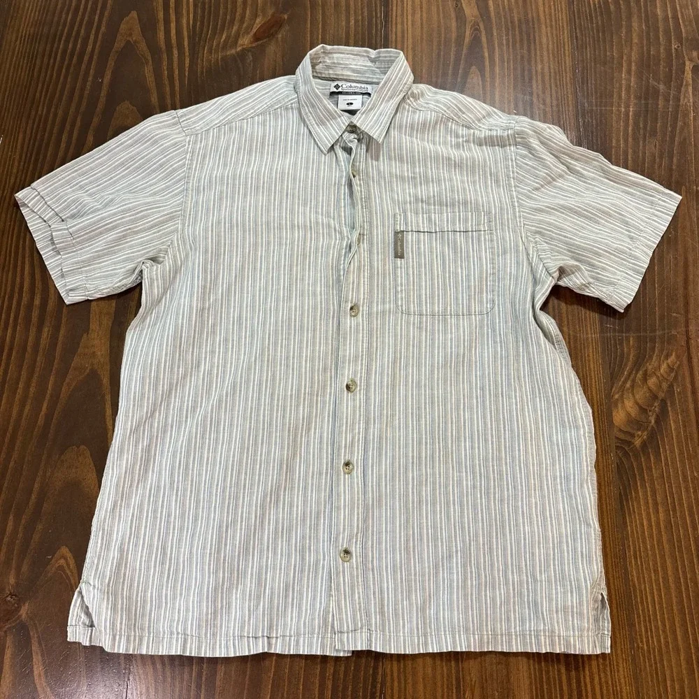 Columbia Mens Linen Cotton Striped Short Sleeve Button Down Shirt Large AM7316